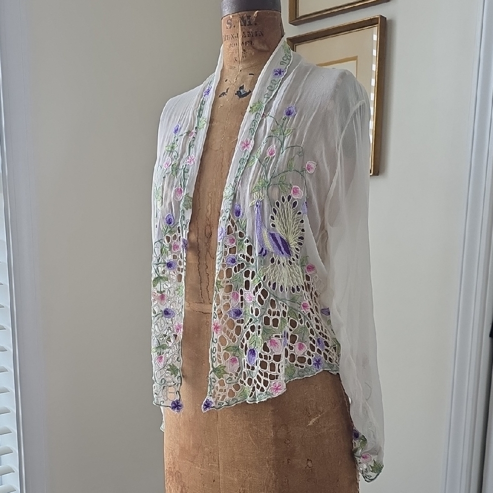 Sheer White Embroidered Open-Front Bolero with Cutwork